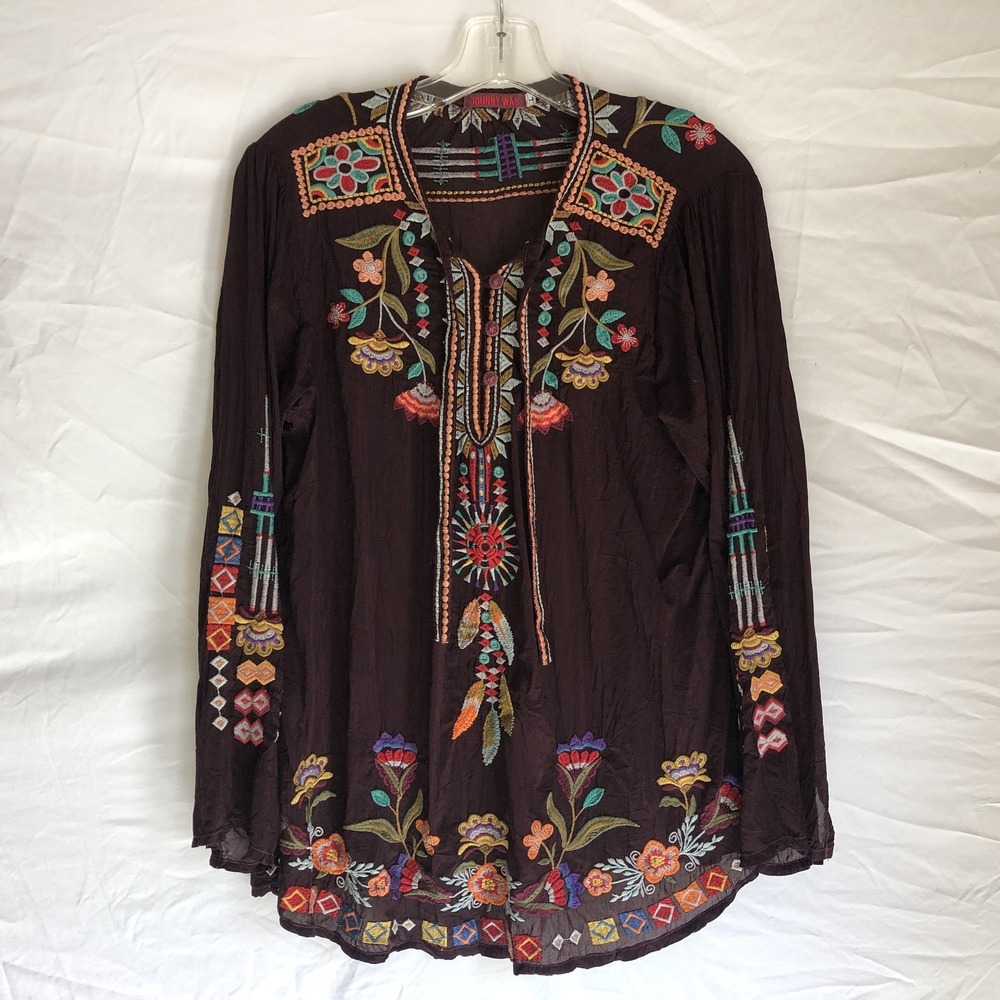 Johnny Was Shirt Womens Large Brown Embroidered Floral Boho Peasant Tunic Top